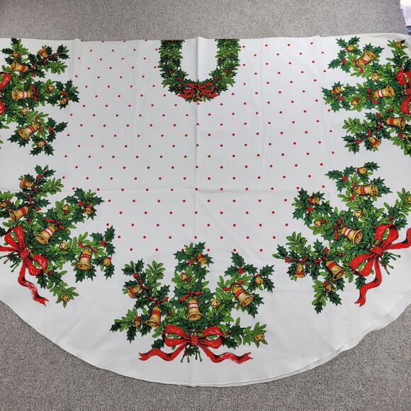 Vintage Fallani & Cohn Holiday Holly Bells Tablecloth 80x58 Oval Linen Cotton - Picture 1 of 15